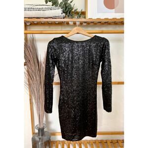 Dress the Population Black Sequin Open Back Bodycon Dress with Long Sleeves